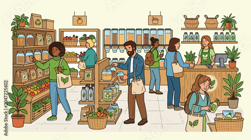Interior view of a bulk food store with wooden shelves and glass dispensers offering a variety of organic seeds grains and nuts for zero-waste shopping.