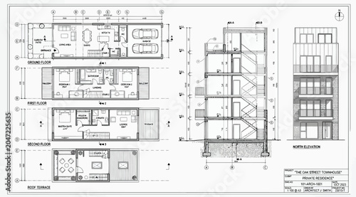 Foto Modern townhouse architectural floor plans, section, and elevation