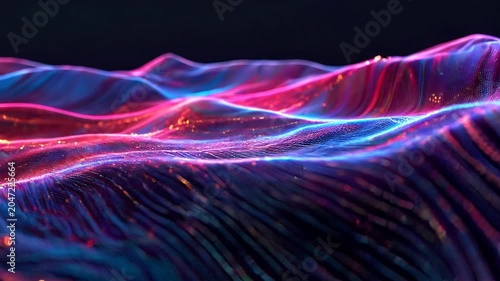 Abstract neon light wave pattern for digital landscapes, suitable for technology backgrounds, futuristic designs, and innovative concepts in creative projects.