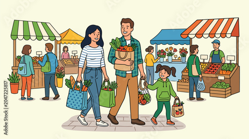 Bustling outdoor farmers market scene where local vendors sell fresh organic vegetables and handmade goods to eco-conscious customers.