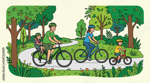 Active family with a child enjoying a sunny day out cycling on a lush green park trail promoting healthy outdoor lifestyle and green travel.