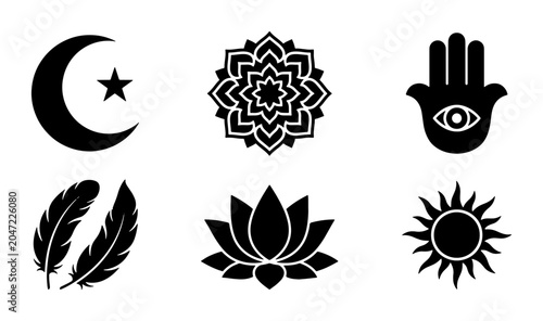 Canvastavla Spiritual Symbols Collection: Crescent Moon, Lotus Flower, Hamsa Hand, Feathers,