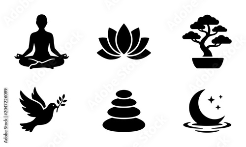 Canvas Print Zen Meditation Icons Set: Yoga Silhouette, Lotus Flower, Bonsai Tree, Peace Dove
