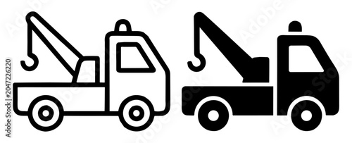 Canvastavla Tow truck icons set in outline and solid style showing vehicle with crane hook f