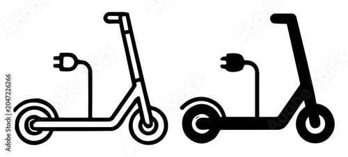Black and white vector illustrations of electric scooters with charging plugs on transparent background