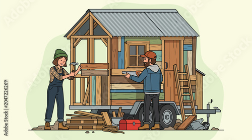 Two male builders working together to construct a modern tiny house on wheels focusing on sustainable architecture and minimalistic eco-living.