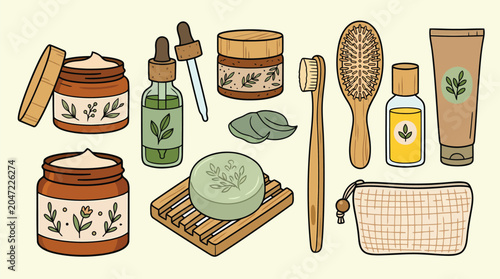 Flat lay vector collection of plastic-free personal care items including bamboo toothbrushes organic soaps and natural cosmetics in glass packaging.