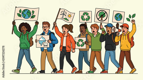 Youth climate activists marching with hand-drawn posters of wind turbines and recycling symbols to advocate for environmental protection.