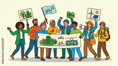 Community parade with people holding a large banner for a green city advocating for sustainable urban planning and environmental protection.