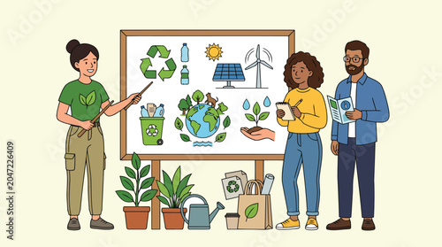 Professional presenting a board with sustainability infographics and clean energy concepts to a group of colleagues in a modern office.
