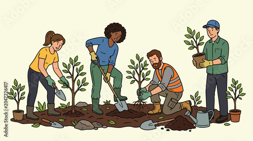 Group of volunteers planting tree saplings in a forest restoration area to improve local biodiversity and combat climate change.