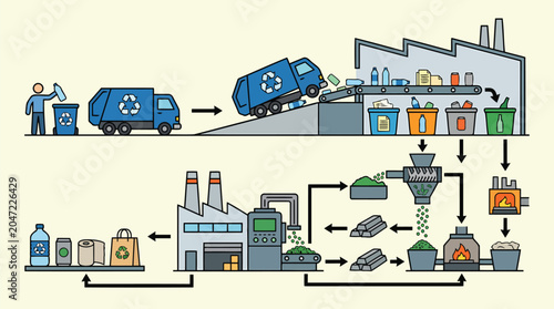 Detailed infographic showing a circular waste management and recycling process from collection to processing and manufacturing new products.