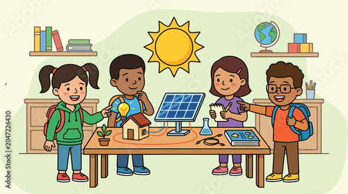 Group of children in a classroom learning about renewable energy with model solar panels and wind turbines for environmental science education.