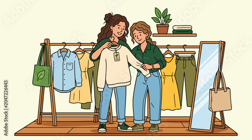 Friends choosing clothes from a sustainable fashion rack featuring eco-friendly fabrics and second-hand items in a modern boutique.