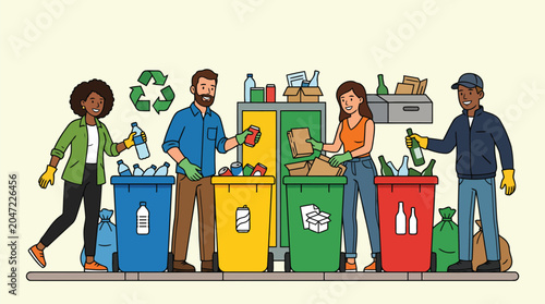 People at a public recycling station correctly disposing of waste into clearly marked colorful containers to promote city sustainability.