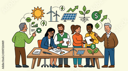 Team of experts discussing green energy investments and sustainability projects around a table with charts and architectural models in a studio.