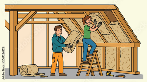Workers installing eco-friendly straw bale insulation in the attic of a wooden house to improve energy efficiency and thermal insulation.