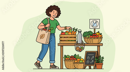 Customer at a zero-waste market stall selecting fresh organic fruits and using their own reusable cotton mesh produce bag sustainably.