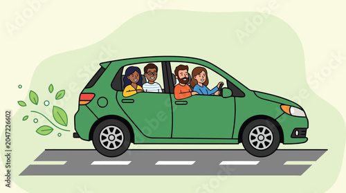 Modern electric car driving on a clean road surrounded by green leaves symbolizing zero-emission mobility and advanced eco-friendly technology.