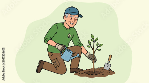 Bilde på lerret Elderly man kneeling in a garden and watering a newly planted tree sapling contributing to nature conservation and legacy building