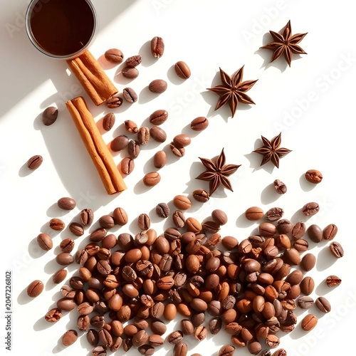 Top view of a coffee cup with roasted beans, cinnamon sticks, and star anise on a white background