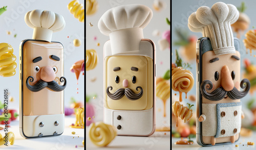 Hyper-Realistic Smartphone Shaped Like a Chef Symbolizes the Evolution of Digital Cooking, Blending Humor, Surrealism and Modern Food Culture in a Clean Studio Scene. Generative Ai.