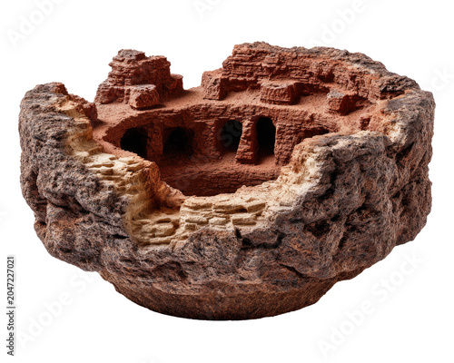 Ancient Ruins Diorama: A meticulously crafted diorama depicts ancient ruins carved into a rocky cliffside, showcasing intricate architecture and hinting at a lost civilization.