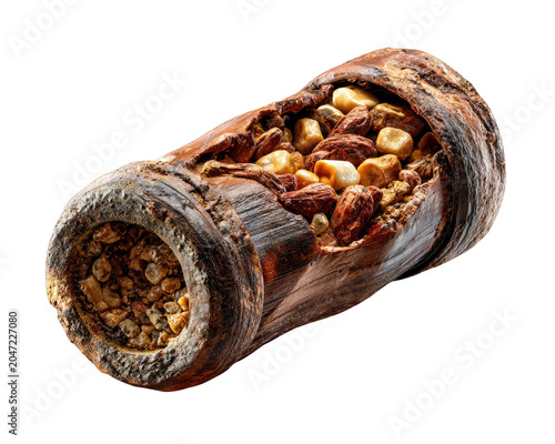 Wooden log filled with nuts and seeds
