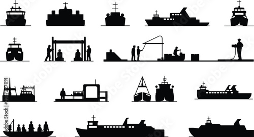 Tableau sur toile Black silhouette vector illustration set featuring cargo ships, ferries, tugboat