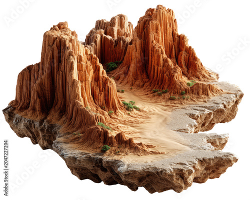 Floating Desert Landscape: An isolated desert rock formation floats in mid-air, showcasing eroded sandstone cliffs and sparse vegetation, suggesting a surreal, otherworldly environment.