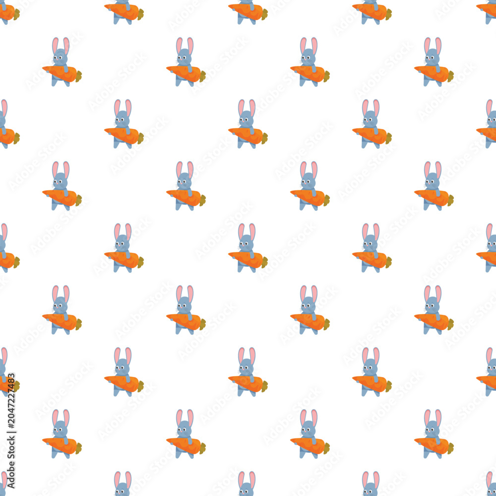 Fototapeta premium Cute cartoon bunnies holding carrots repeating in a seamless pattern on white background