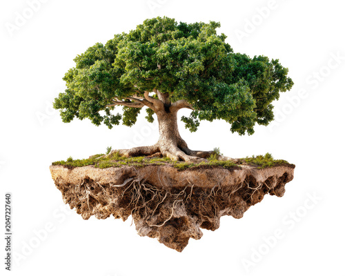 Floating Island Tree: A majestic tree with a sprawling canopy of vibrant green leaves stands rooted on a floating island of earth, its intricate root system exposed.