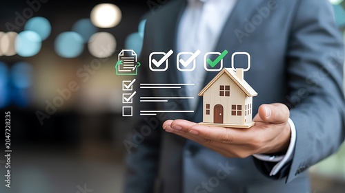 Real estate agent holding a miniature house with a checklist in the background, symbolizing successful property purchase and investment