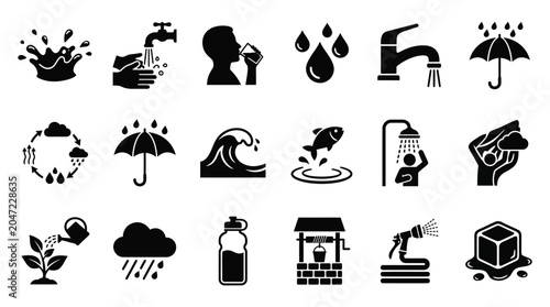 Bild auf Leinwand Water And Weather Icons Black Silhouette Set On White Background