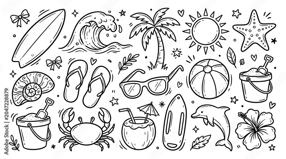 Fototapeta premium Various hand-drawn summer vacation and beach-themed doodle elements are arranged neatly on a clean white background, creating a playful and cheerful illustration