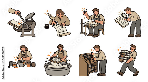 Various cartoon people demonstrate the traditional bookmaking process, including writing, binding, printing, and carrying finished books, isolated on a white background