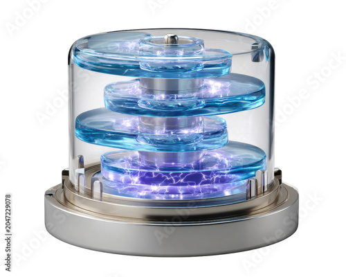 Futuristic Plasma Device: A meticulously crafted, futuristic device featuring glowing blue plasma coils contained within a transparent cylindrical casing, mounted on a metallic base.
