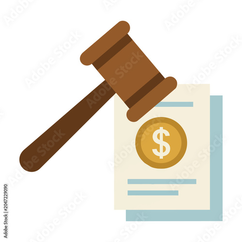 Wooden judges gavel resting on a stack of legal documents with a currency symbol flat icon design