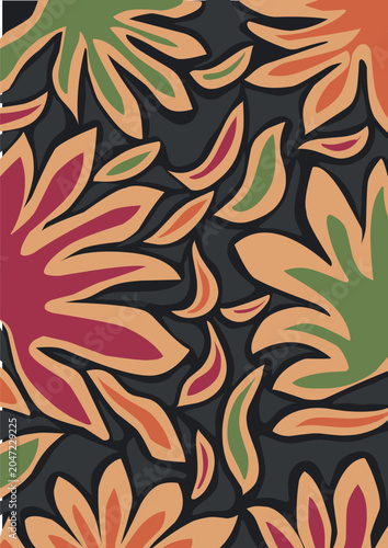 A vertical digital illustration showcasing a bold and artistic abstract floral pattern. The composition features stylized, organic leaf and flower shapes overlapping across a dark, near-black backdrop