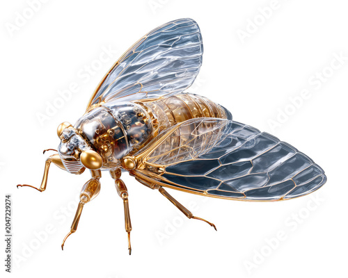 A Cicada Insect: A detailed close-up of a cicada, showcasing its translucent wings, segmented body, and intricate features, isolated on a clean white background.