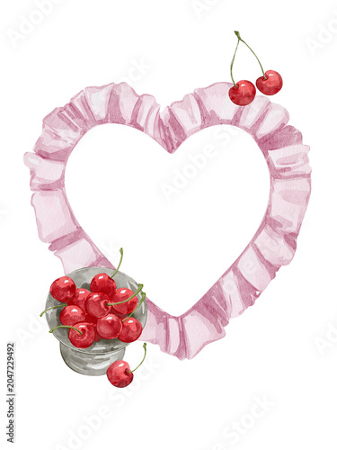 Fotografie Watercolor ruffled coquette heart cherries frame