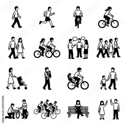 Vector illustration of people walking, running, cycling and socializing in various activities