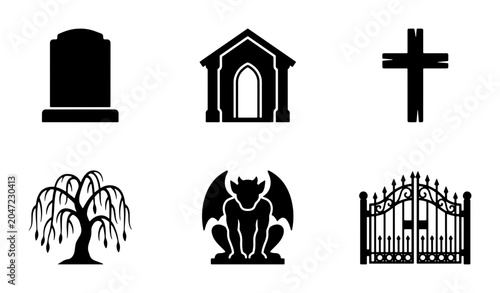 Foto Funeral Icons Set: Tombstone, Mausoleum, Cross, Willow Tree, Gargoyle, Gate