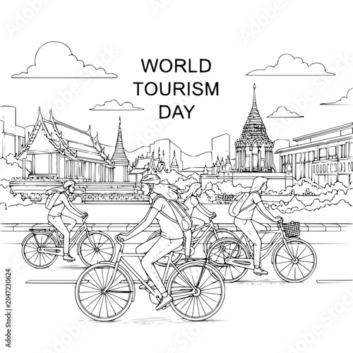 World Tourism Day vector illustration, cycling in Bangkok