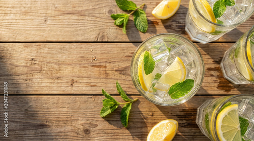 Top down flat lay of summer iced lemonade with mint on rustic wooden table copy space