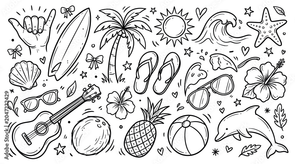 Fototapeta premium Hand-drawn collection of summer beach vacation elements in a playful doodle style, isolated on a clean white background