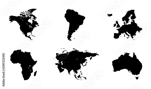 Bild auf Leinwand World map continent silhouettes, 6 black vector icons of global landmasses, eart