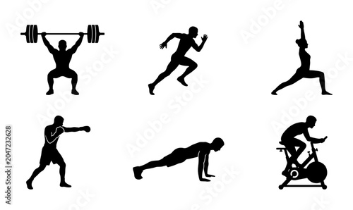 Foto Fitness Silhouette Icons: Weightlifting, Running, Yoga, Boxing, Plank, Cycling