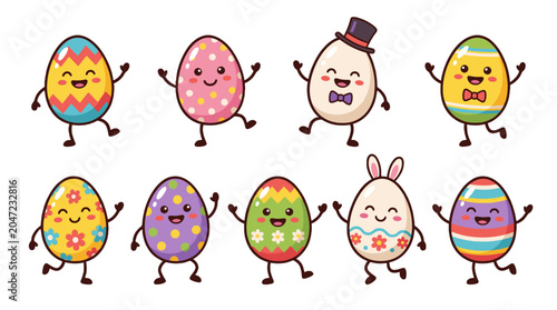 Cuadro en lienzo Set of cute decorated Easter egg cartoon characters dancing