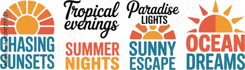 Foto Modern summer graphic elements with retro typography and scenic illustrations for tropical evenings, ocean dreams, and chasing sunsets